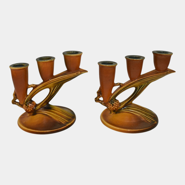 Roseville Pine Cone Brown 1936 Vintage Art Pottery Triple Candle Holders 1106-5