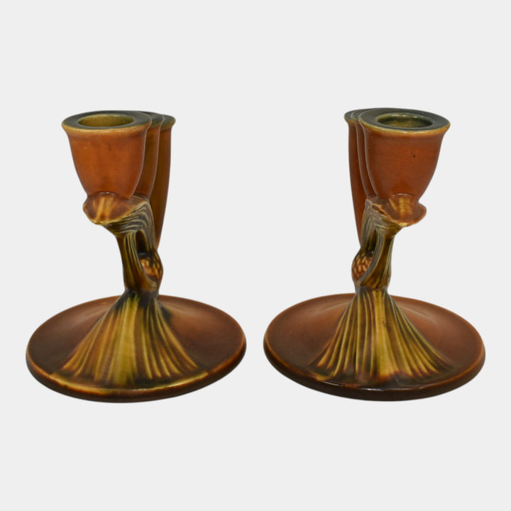 Roseville Pine Cone Brown 1936 Vintage Art Pottery Triple Candle Holders 1106-5