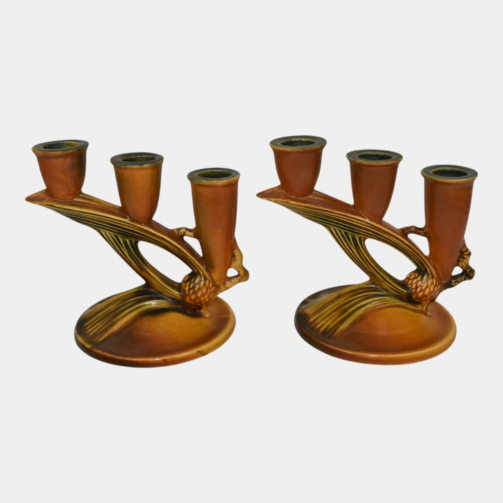 Roseville Pine Cone Brown 1936 Vintage Art Pottery Triple Candle Holders 1106-5