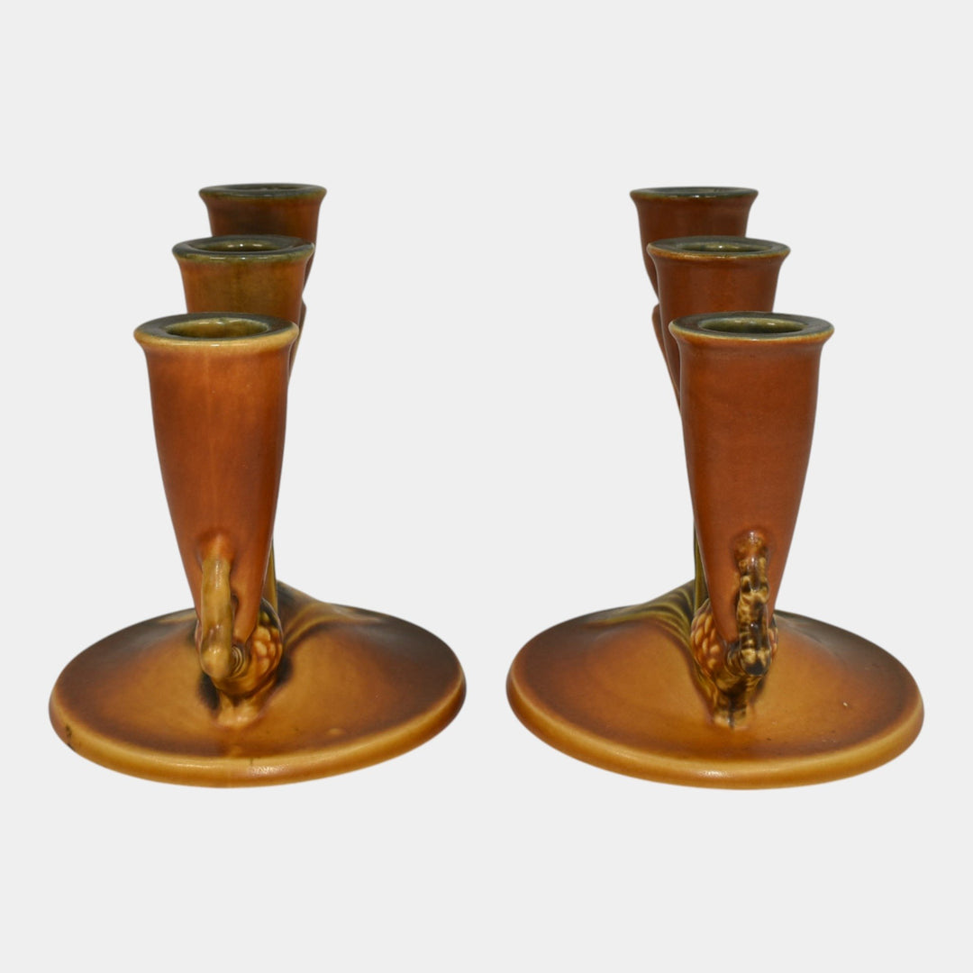 Roseville Pine Cone Brown 1936 Vintage Art Pottery Triple Candle Holders 1106-5