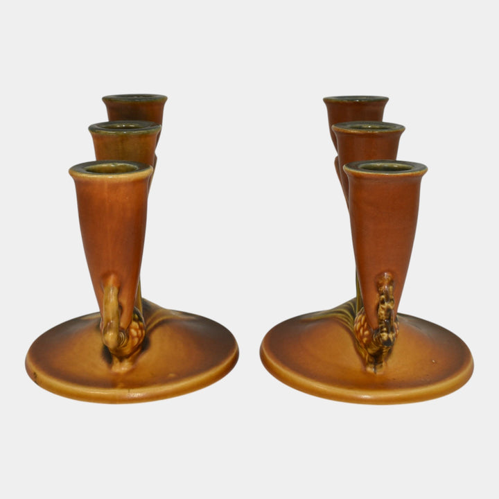 Roseville Pine Cone Brown 1936 Vintage Art Pottery Triple Candle Holders 1106-5