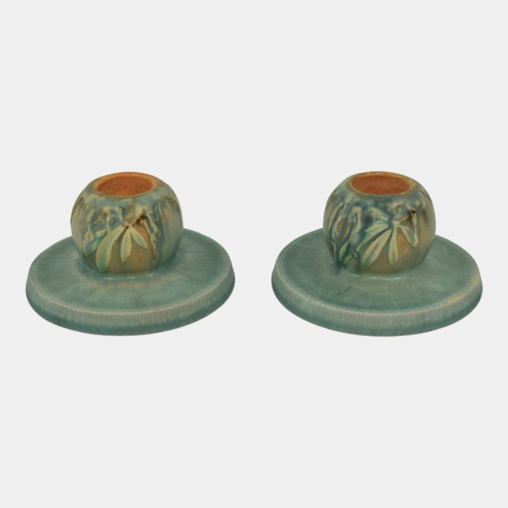 Roseville Moss Tan 1936 Vintage Art Pottery Green Ceramic Candle Holders 1109-2 - Just Art Pottery