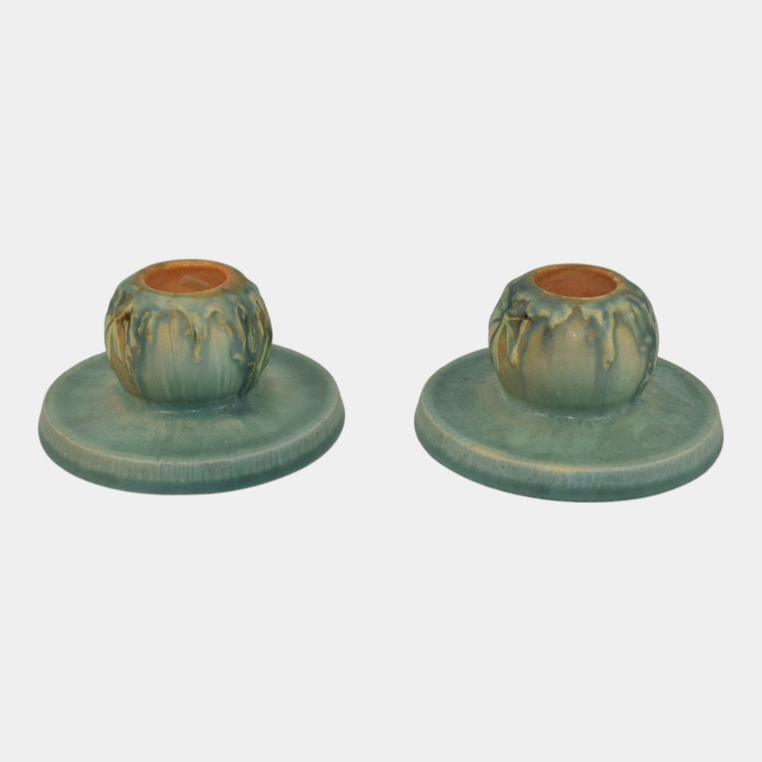 Roseville Moss Tan 1936 Vintage Art Pottery Green Ceramic Candle Holders 1109-2 - Just Art Pottery