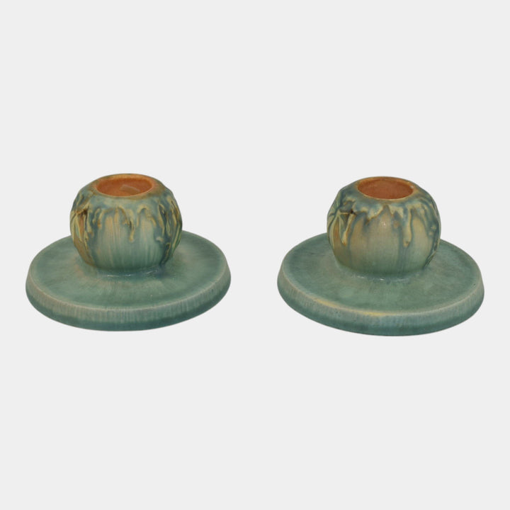 Roseville Moss Tan 1936 Vintage Art Pottery Green Ceramic Candle Holders 1109-2 - Just Art Pottery