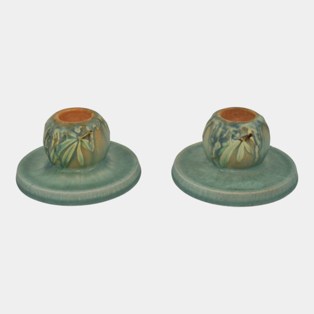 Roseville Moss Tan 1936 Vintage Art Pottery Green Ceramic Candle Holders 1109-2 - Just Art Pottery