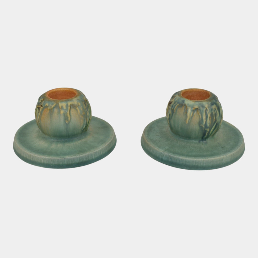 Roseville Moss Tan 1936 Vintage Art Pottery Green Ceramic Candle Holders 1109-2 - Just Art Pottery