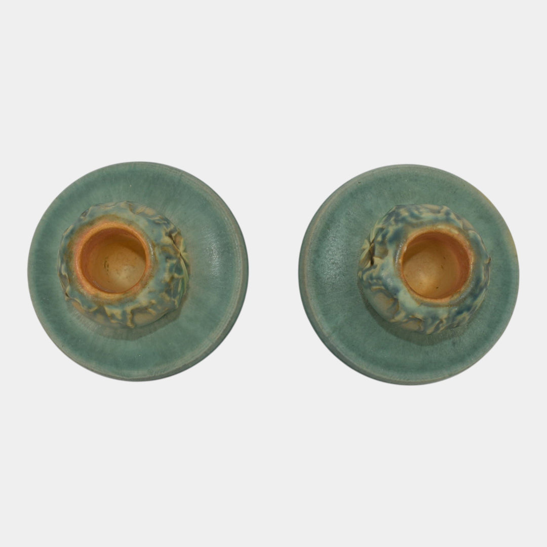 Roseville Moss Tan 1936 Vintage Art Pottery Green Ceramic Candle Holders 1109-2 - Just Art Pottery