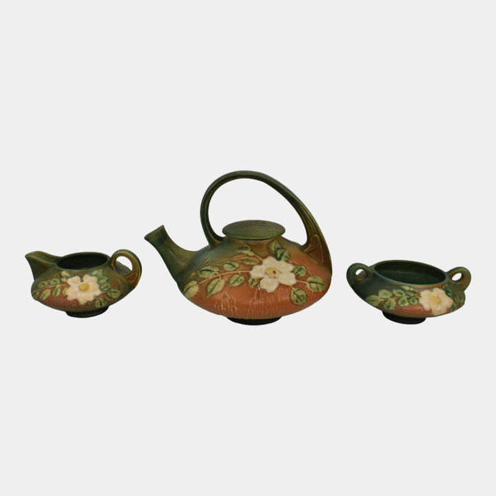 Roseville White Rose Brown 1940 Art Pottery Teapot, Sugar Bowl, Creamer Tea Set