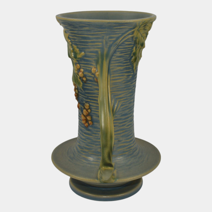 Roseville Bushberry Blue 1941 Vintage Art Pottery Ceramic Handled Vase 34-8