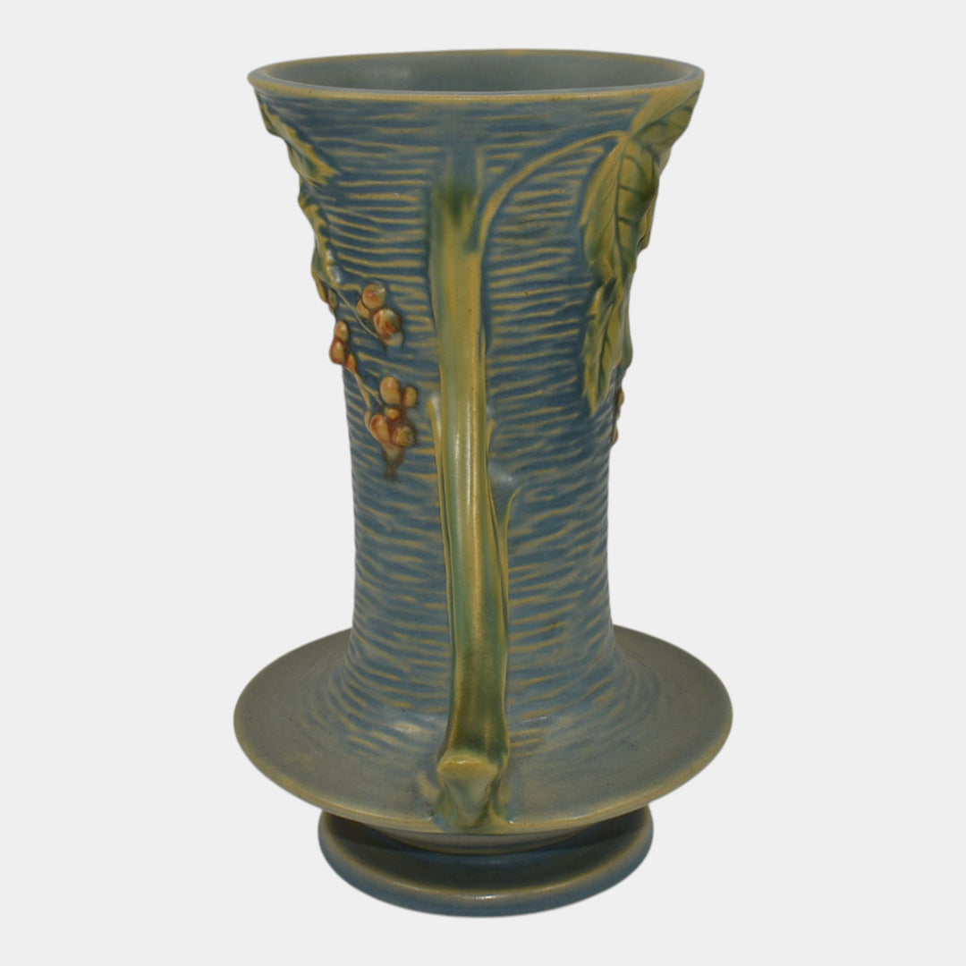 Roseville Bushberry Blue 1941 Vintage Art Pottery Ceramic Handled Vase 34-8