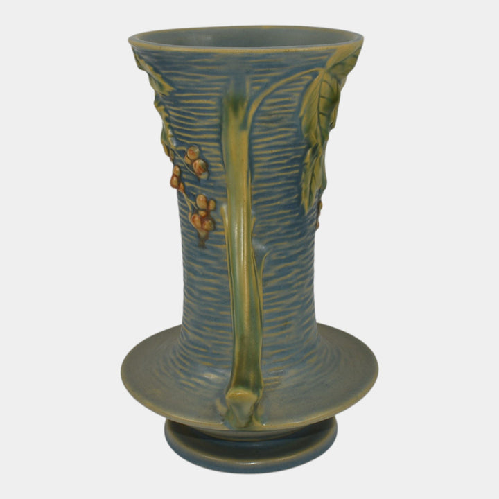 Roseville Bushberry Blue 1941 Vintage Art Pottery Ceramic Handled Vase 34-8
