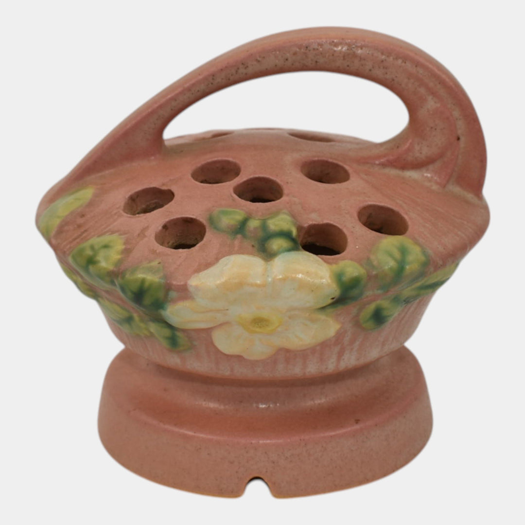 Roseville White Rose Pink 1940 Vintage Art Pottery Ceramic Flower Frog 41 - Just Art Pottery