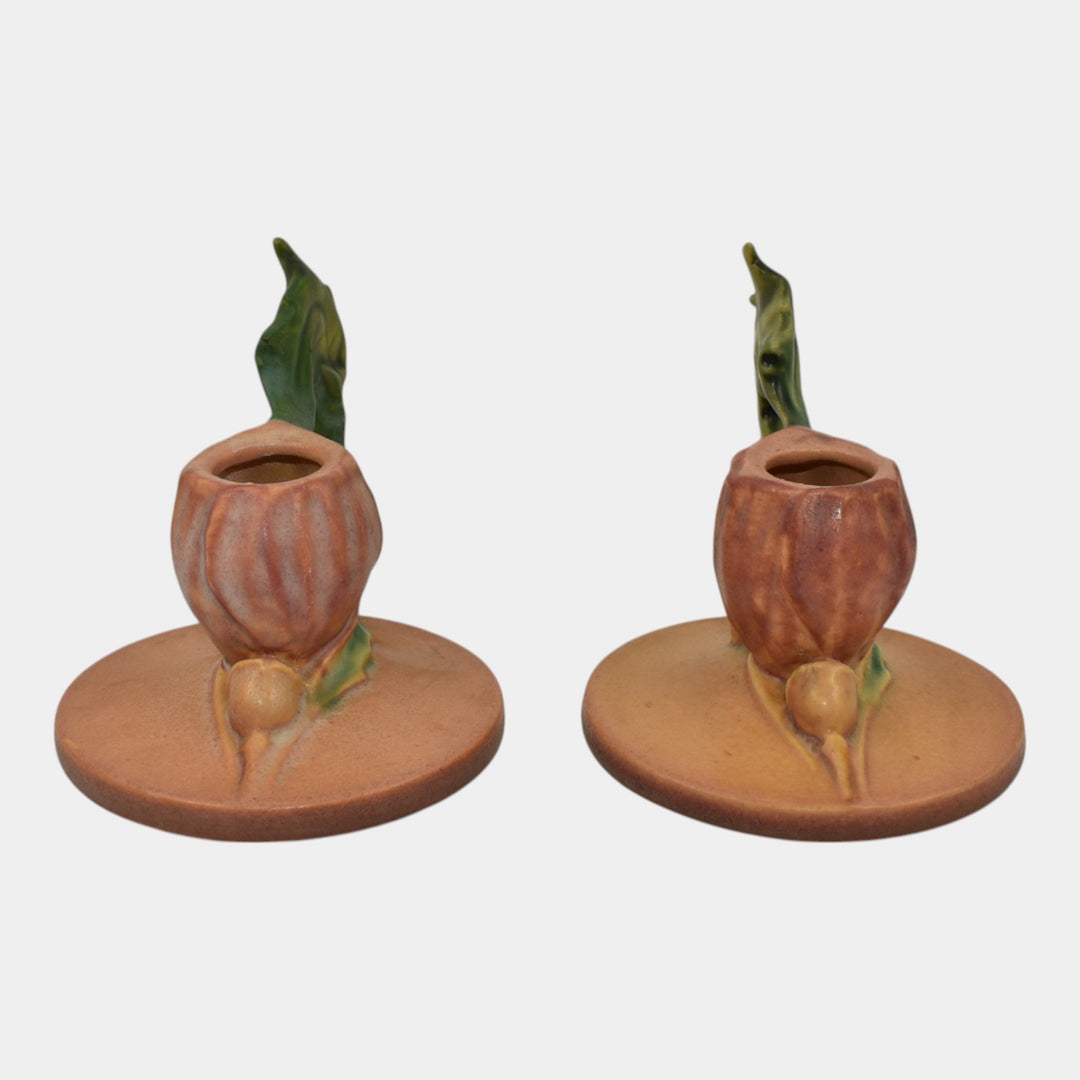 Roseville Poppy Pink 1938 Vintage Art Pottery Ceramic Candle Holders 1129 - Just Art Pottery