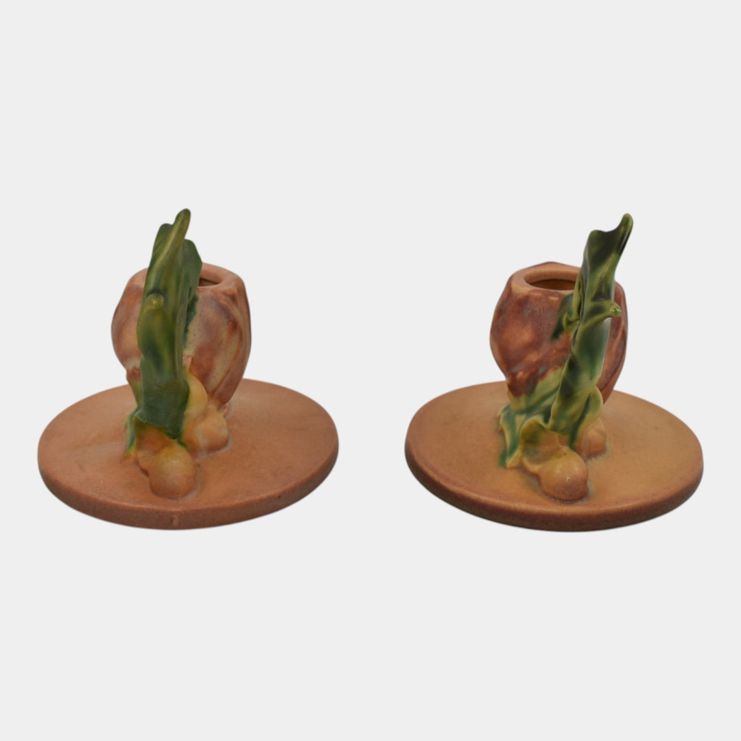Roseville Poppy Pink 1938 Vintage Art Pottery Ceramic Candle Holders 1129 - Just Art Pottery