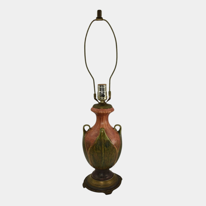 Roseville 1930s Vintage Arts And Crafts Pottery Brown Green Folded Leaf Lamp