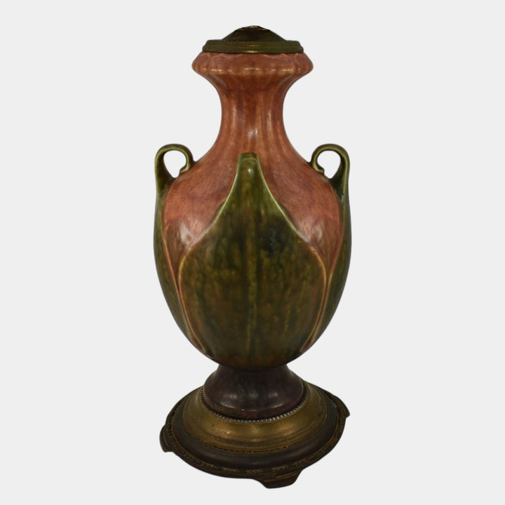 Roseville 1930s Vintage Arts And Crafts Pottery Brown Green Folded Leaf Lamp