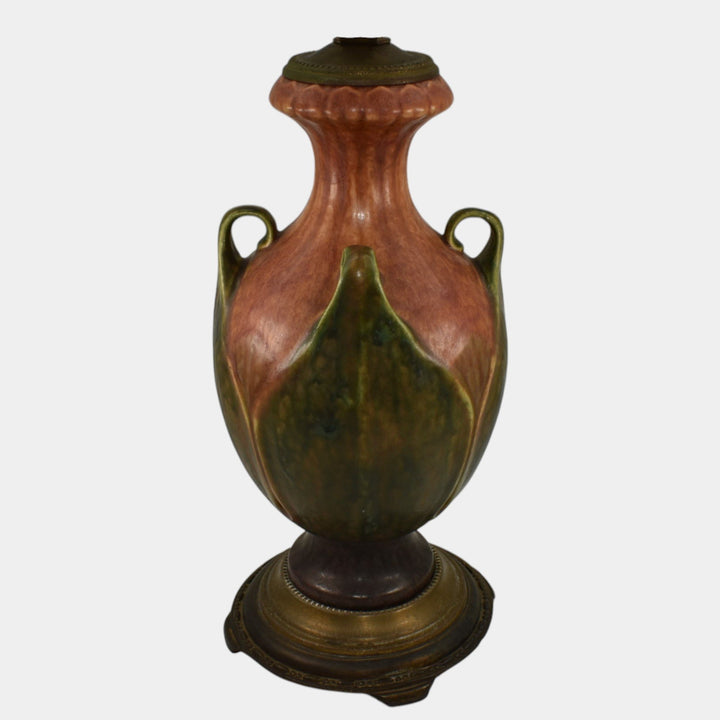 Roseville 1930s Vintage Arts And Crafts Pottery Brown Green Folded Leaf Lamp