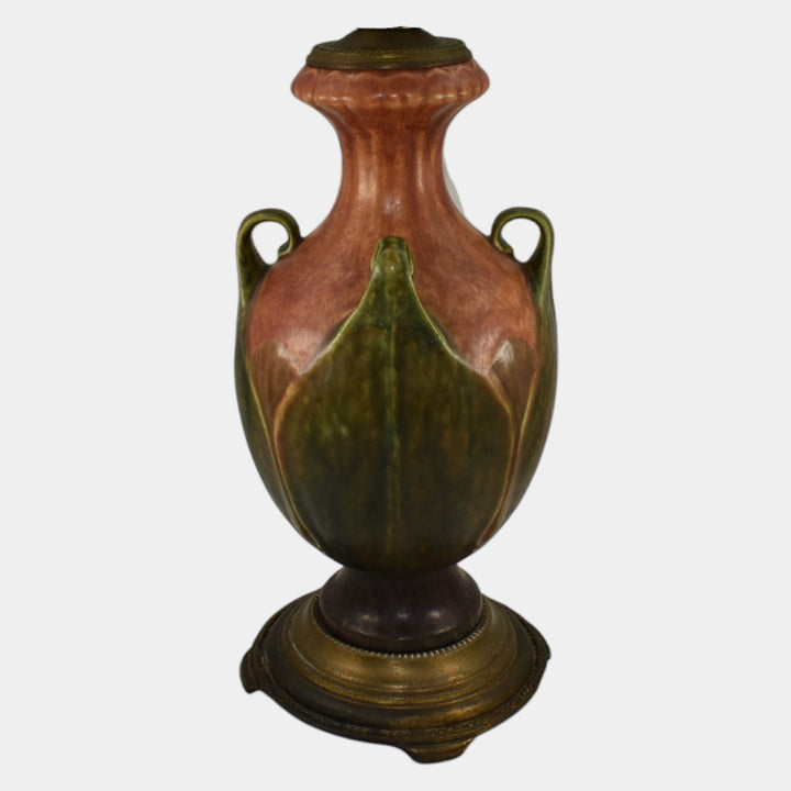 Roseville 1930s Vintage Arts And Crafts Pottery Brown Green Folded Leaf Lamp