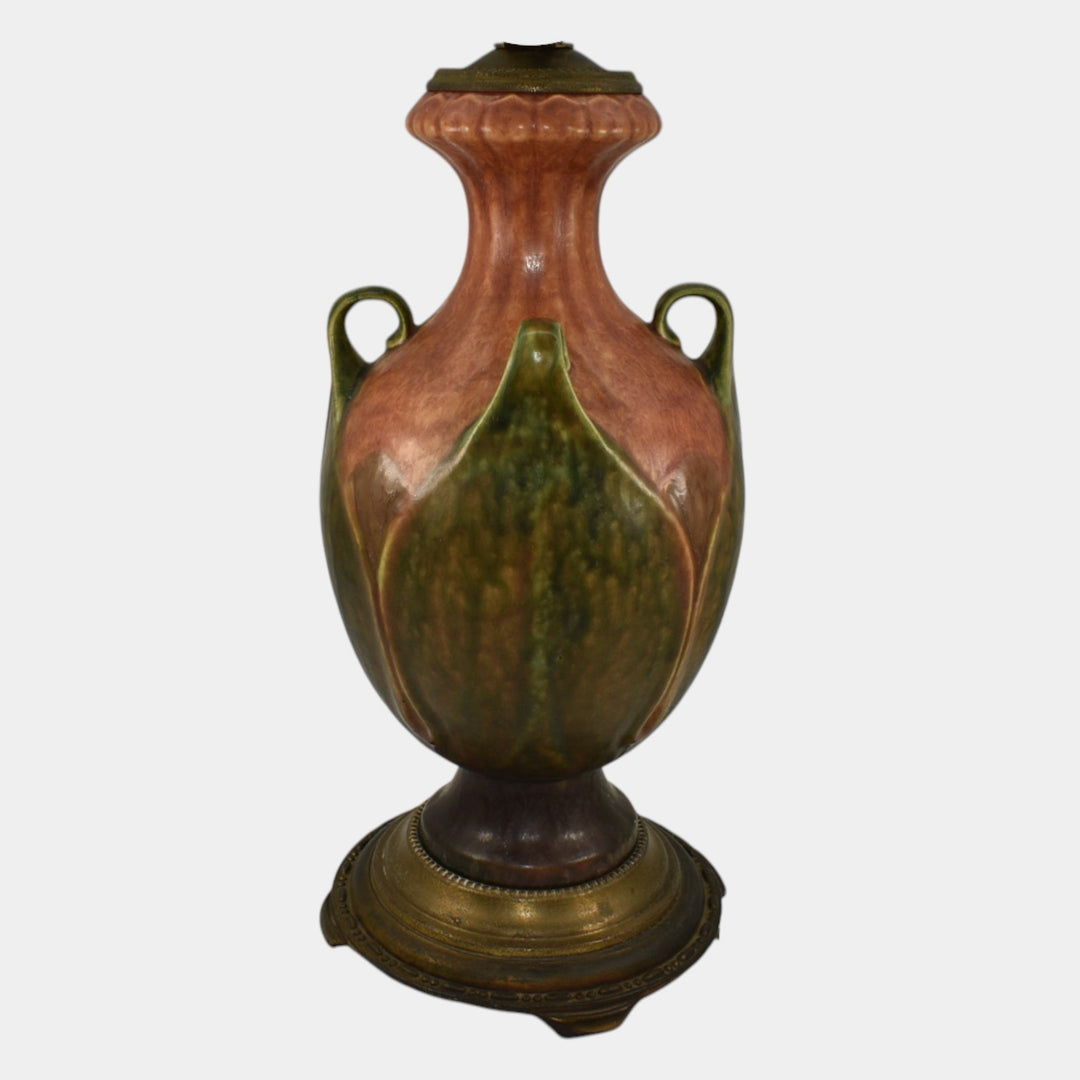 Roseville 1930s Vintage Arts And Crafts Pottery Brown Green Folded Leaf Lamp