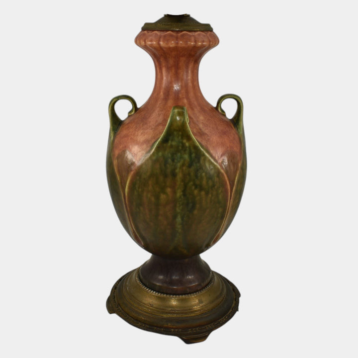 Roseville 1930s Vintage Arts And Crafts Pottery Brown Green Folded Leaf Lamp
