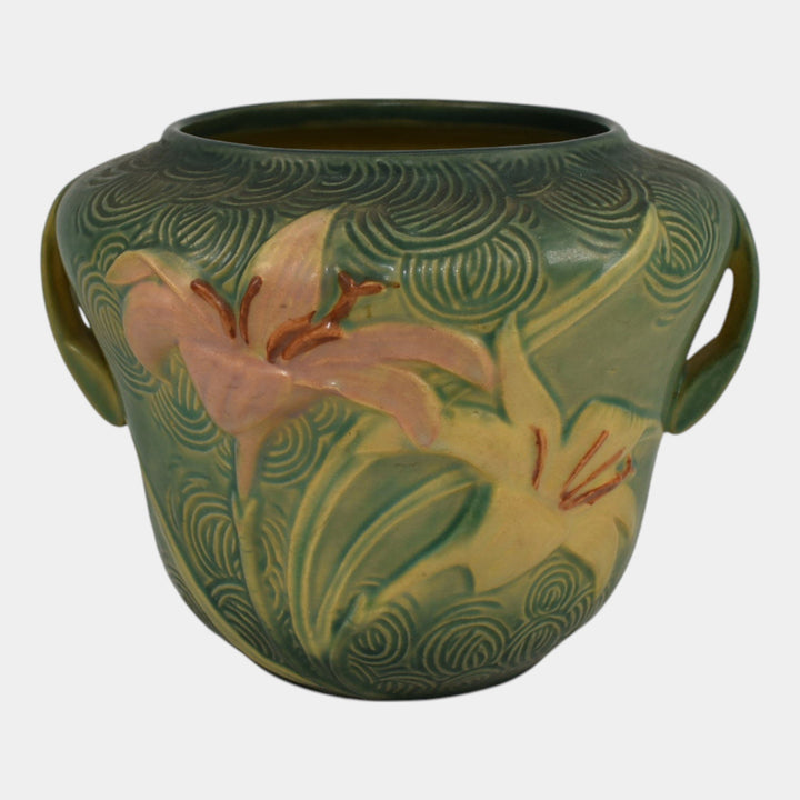 Roseville Zephyr Lily Green 1946 Vintage Art Pottery Handled Bowl Vase 471-6