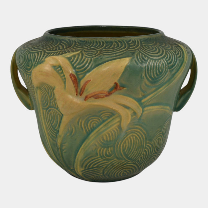 Roseville Zephyr Lily Green 1946 Vintage Art Pottery Handled Bowl Vase 471-6