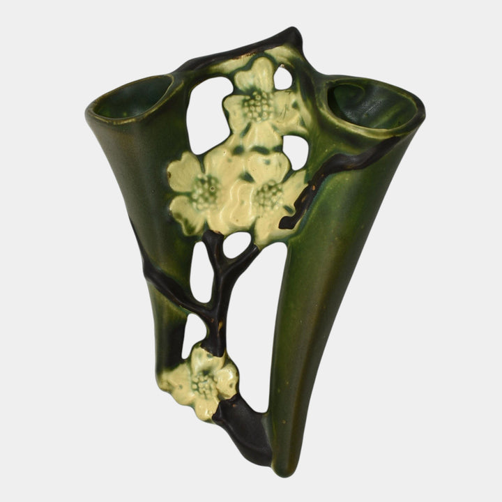 Roseville Dogwood Smooth Green 1920 Vintage Art Pottery Double Wall Pocket