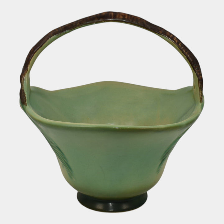 Roseville Pine Cone Green 1953 Mid Century Modern Pottery Ceramic Basket 409-8