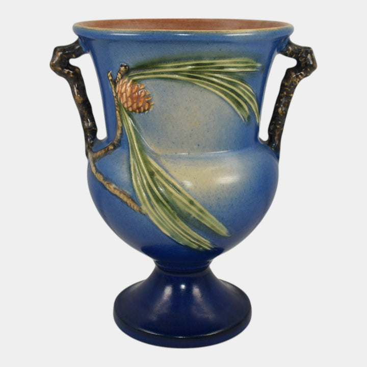 Roseville Pine Cone Blue 1936 Vintage Art Pottery Ceramic Handled Vase 908-8