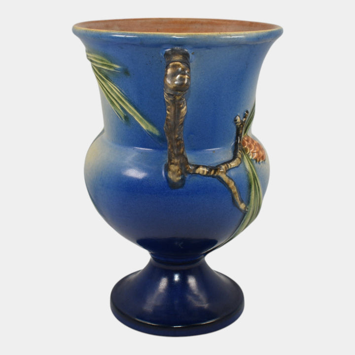 Roseville Pine Cone Blue 1936 Vintage Art Pottery Ceramic Handled Vase 908-8