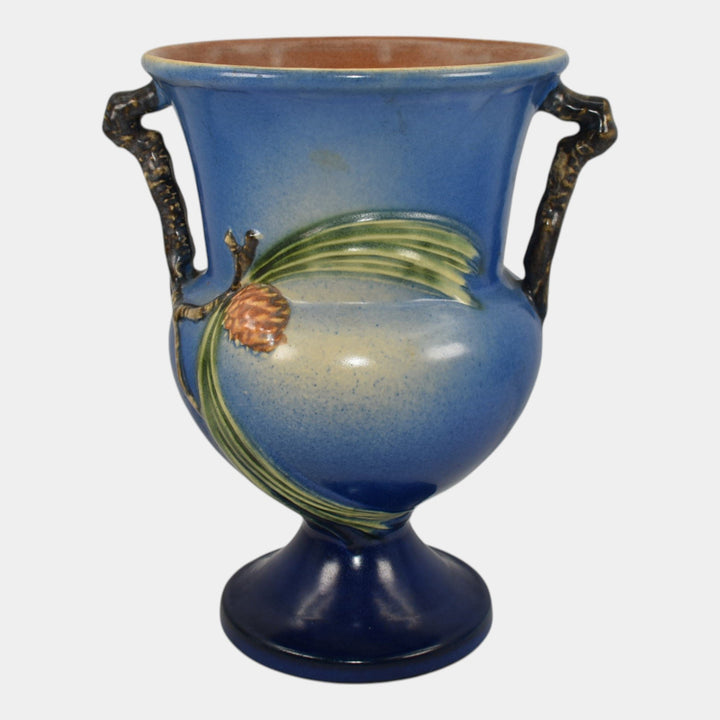 Roseville Pine Cone Blue 1936 Vintage Art Pottery Ceramic Handled Vase 908-8