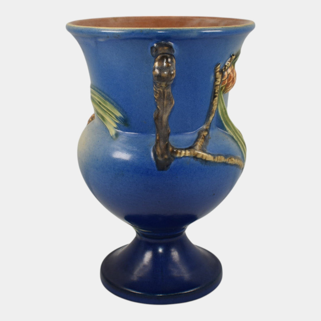 Roseville Pine Cone Blue 1936 Vintage Art Pottery Ceramic Handled Vase 908-8