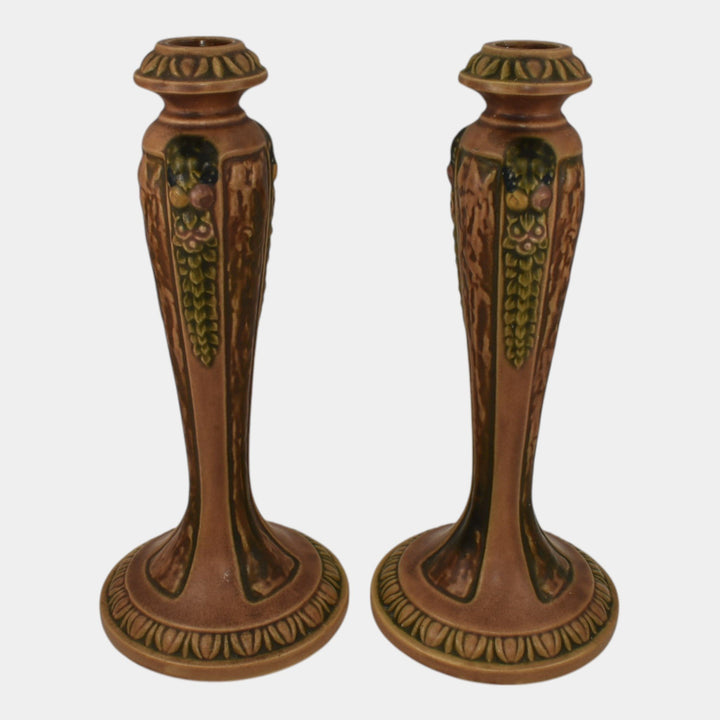 Roseville Florentine I Brown 1924 Arts And Crafts Pottery Candle Holders 1050-10