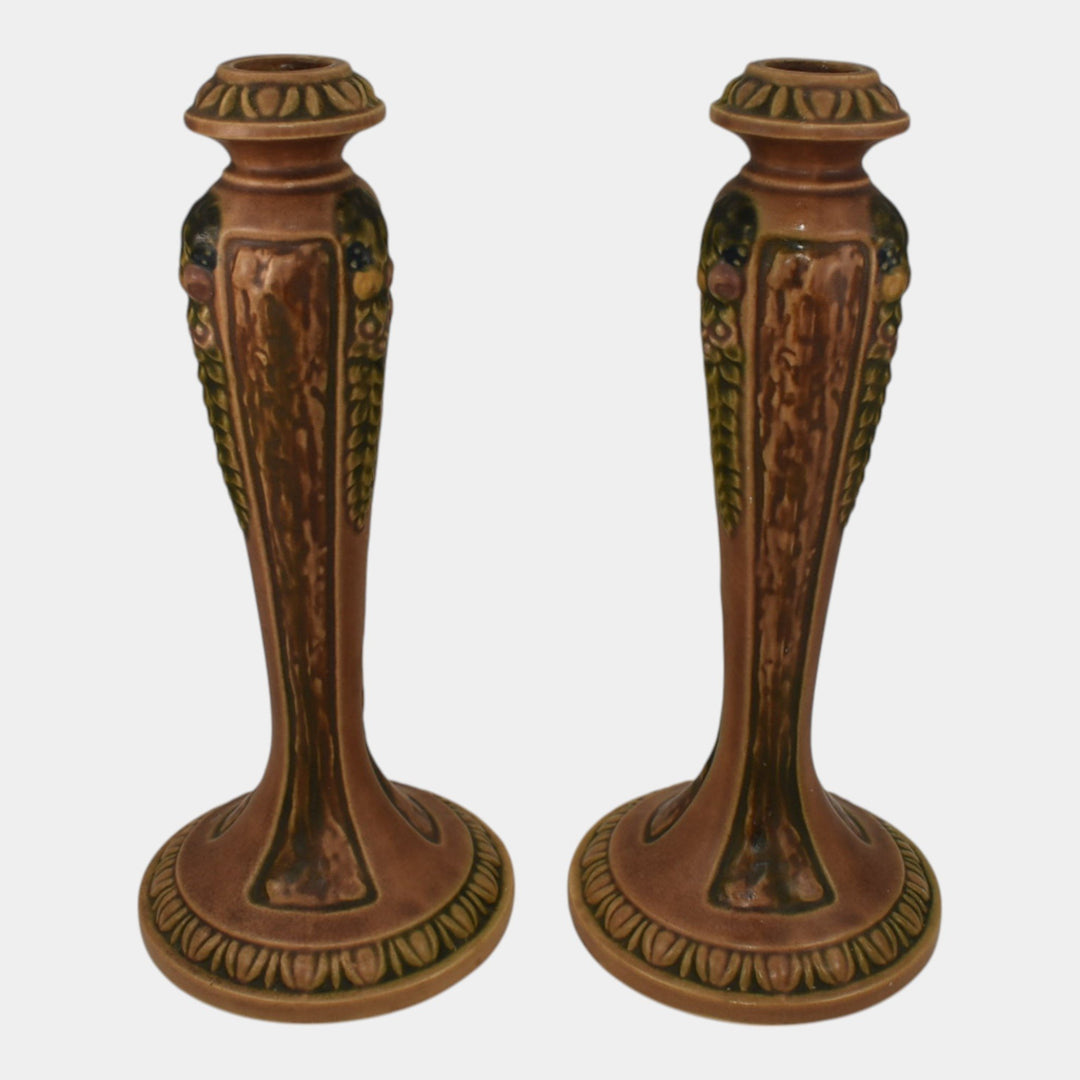 Roseville Florentine I Brown 1924 Arts And Crafts Pottery Candle Holders 1050-10