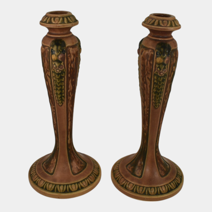 Roseville Florentine I Brown 1924 Arts And Crafts Pottery Candle Holders 1050-10