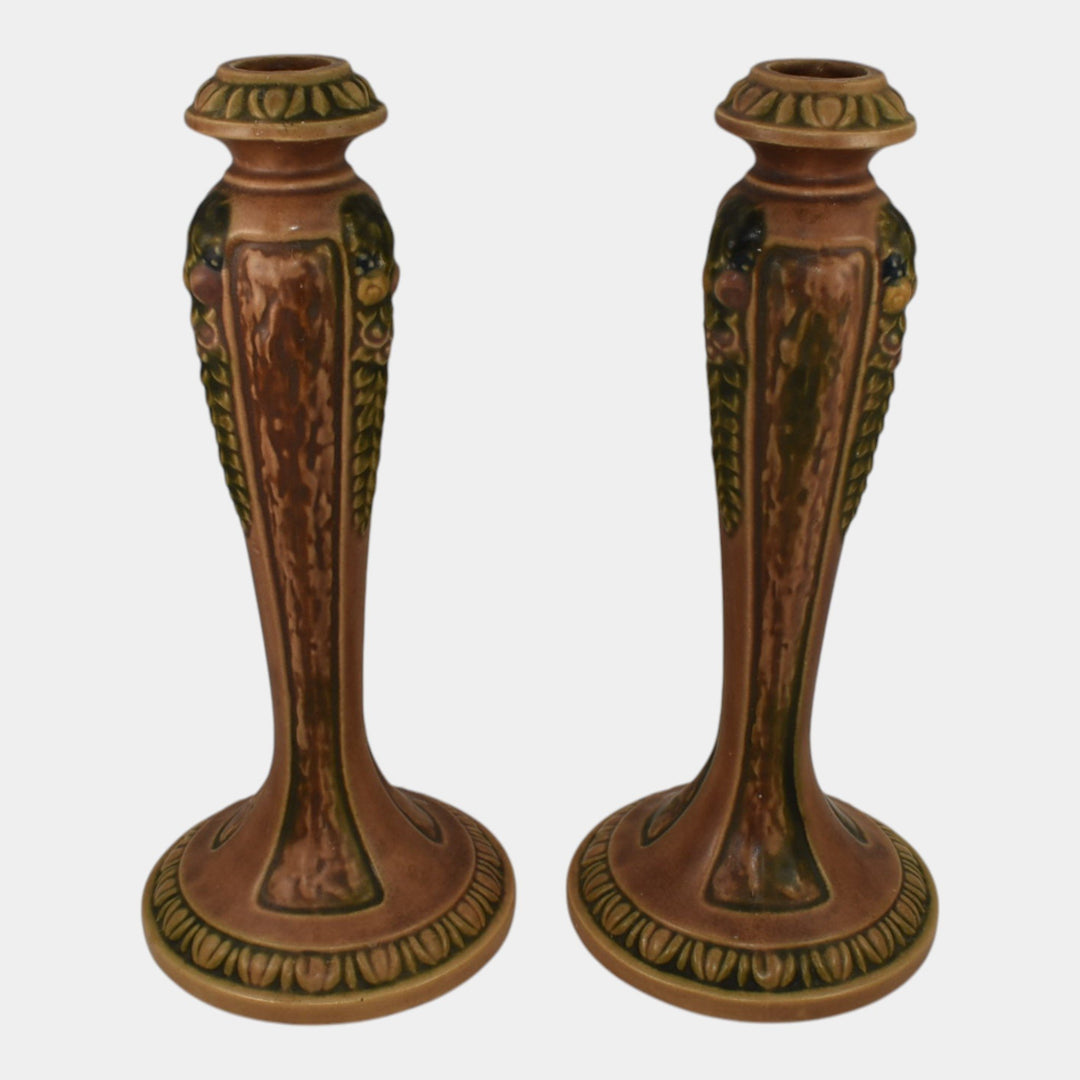 Roseville Florentine I Brown 1924 Arts And Crafts Pottery Candle Holders 1050-10