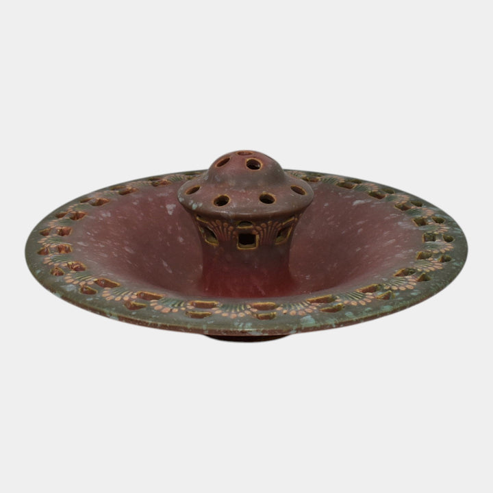 Roseville Ferella Red 1930 Art Deco Pottery Flower Frog Bowl 87-8
