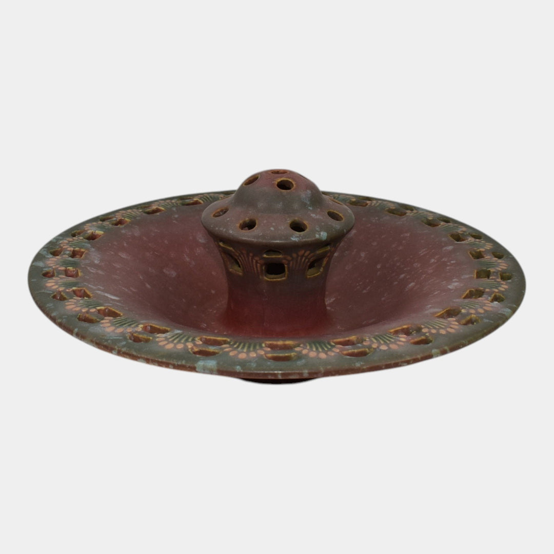 Roseville Ferella Red 1930 Art Deco Pottery Flower Frog Bowl 87-8