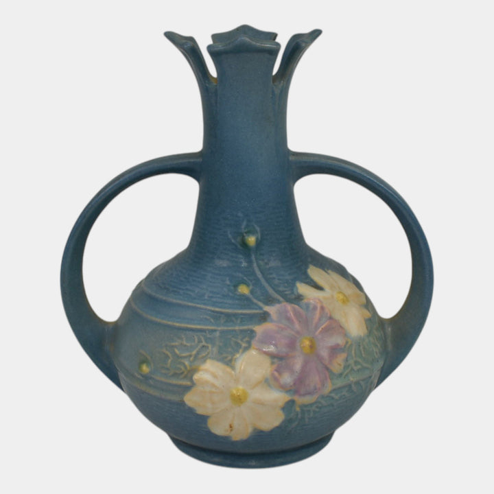 Roseville Cosmos Blue 1939 Vintage Art Deco Pottery Handled Ceramic Vase 948-7