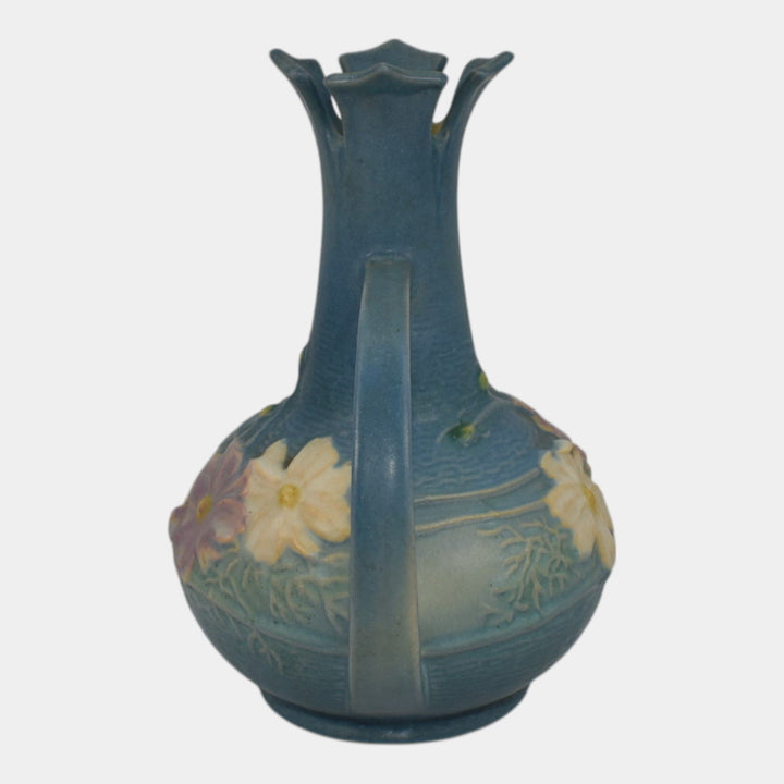 Roseville Cosmos Blue 1939 Vintage Art Deco Pottery Handled Ceramic Vase 948-7