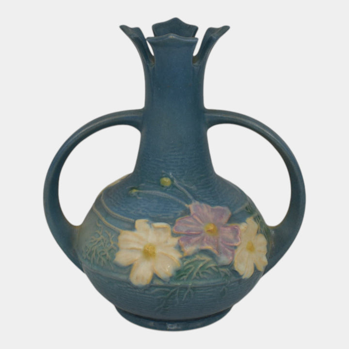 Roseville Cosmos Blue 1939 Vintage Art Deco Pottery Handled Ceramic Vase 948-7