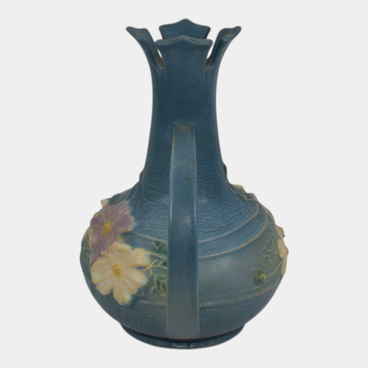 Roseville Cosmos Blue 1939 Vintage Art Deco Pottery Handled Ceramic Vase 948-7