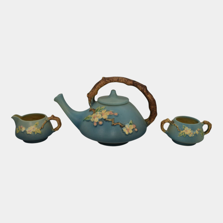 Roseville Apple Blossom Blue 1949 Pottery Teapot Sugar Bowl Creamer Tea Set 371