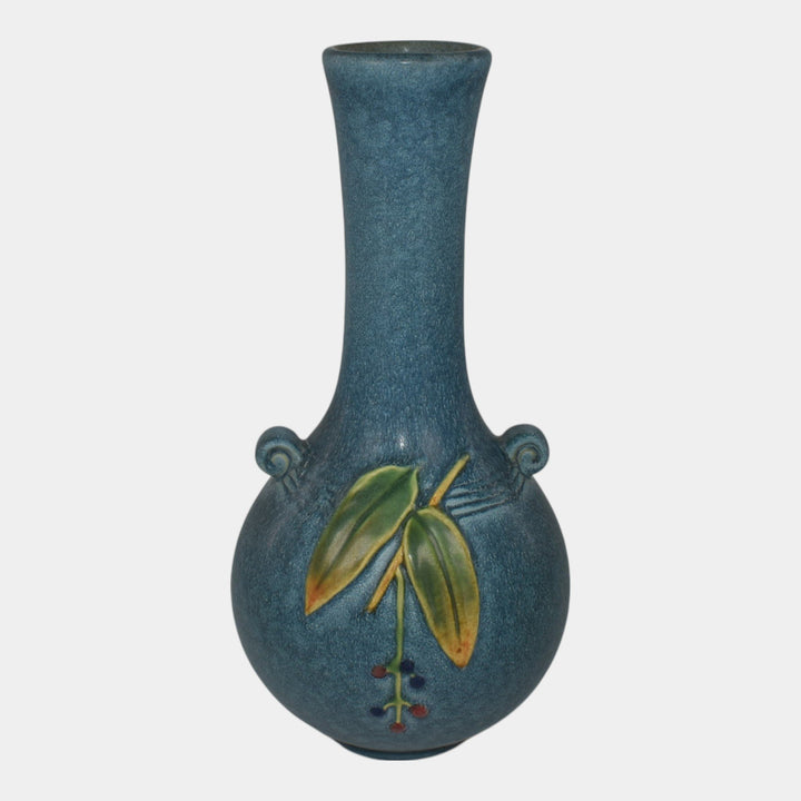 Weller Cornish 1933 Vintage Art Deco Pottery Blue Bulbous Handled Bud Vase