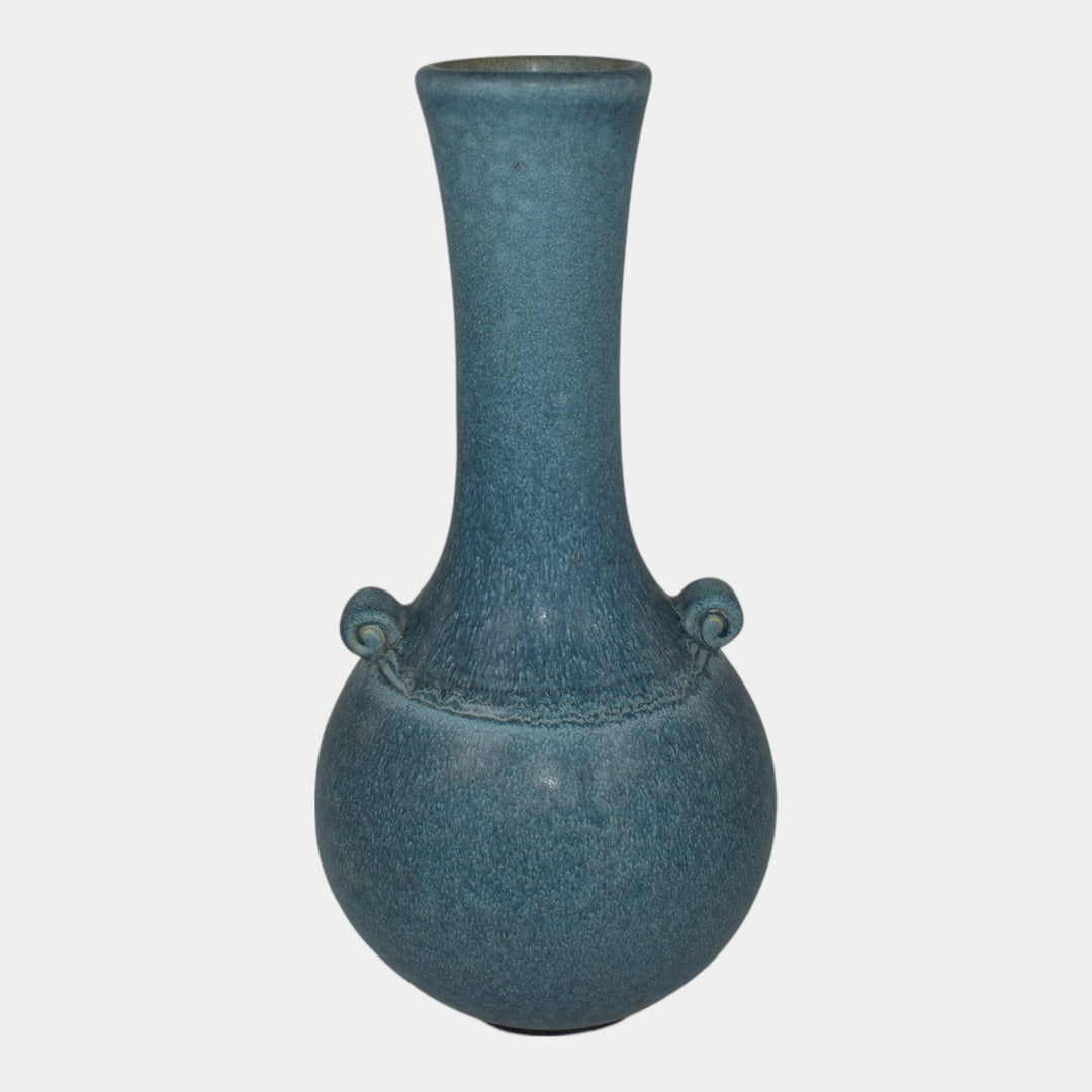 Weller Cornish 1933 Vintage Art Deco Pottery Blue Bulbous Handled Bud Vase