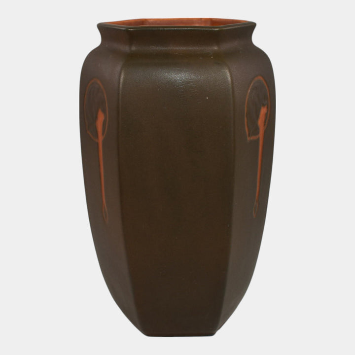 Roseville Rosecraft Hexagon Brown 1925 Arts And Crafts Pottery Vase 268-6
