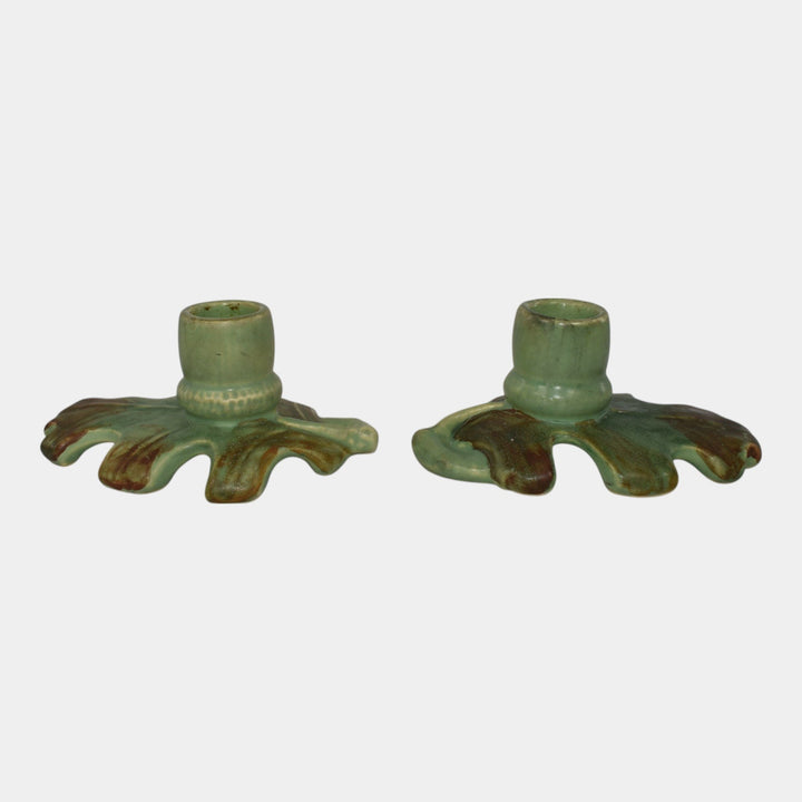 Weller Oak Leaf Before 1936 Art Pottery Green Brown Candle Holders - Just Art Pottery