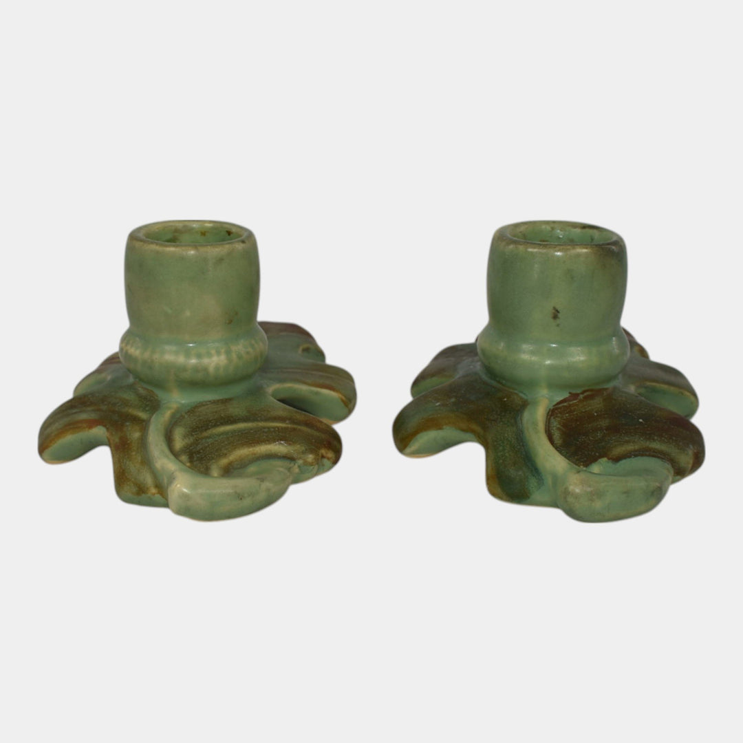 Weller Oak Leaf Before 1936 Art Pottery Green Brown Candle Holders - Just Art Pottery