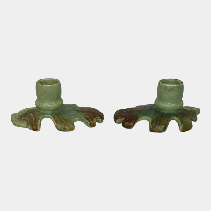 Weller Oak Leaf Before 1936 Art Pottery Green Brown Candle Holders - Just Art Pottery