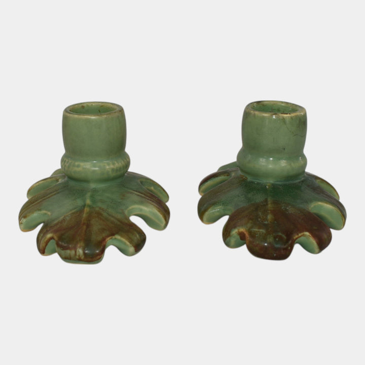 Weller Oak Leaf Before 1936 Art Pottery Green Brown Candle Holders - Just Art Pottery